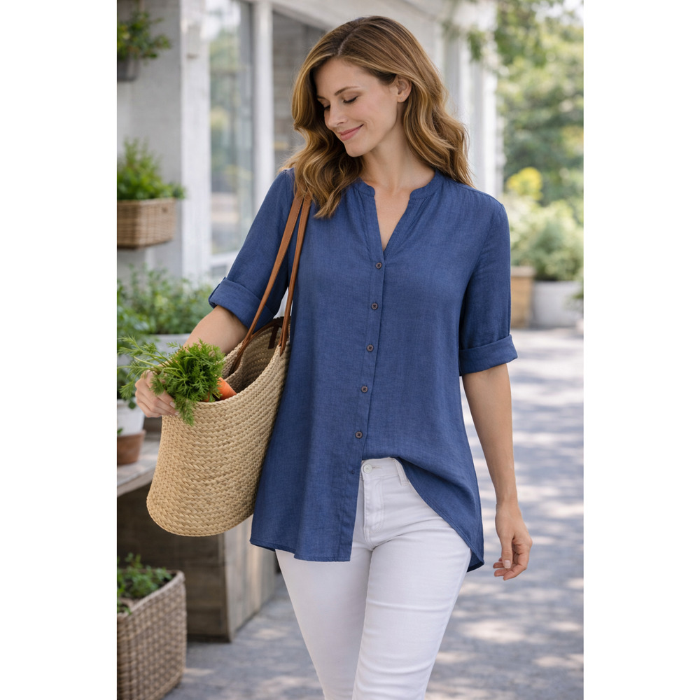Chico’s 2 US L (12/14) Blue Tunic Top Button Front Short Sleeve Linen Blend Boho